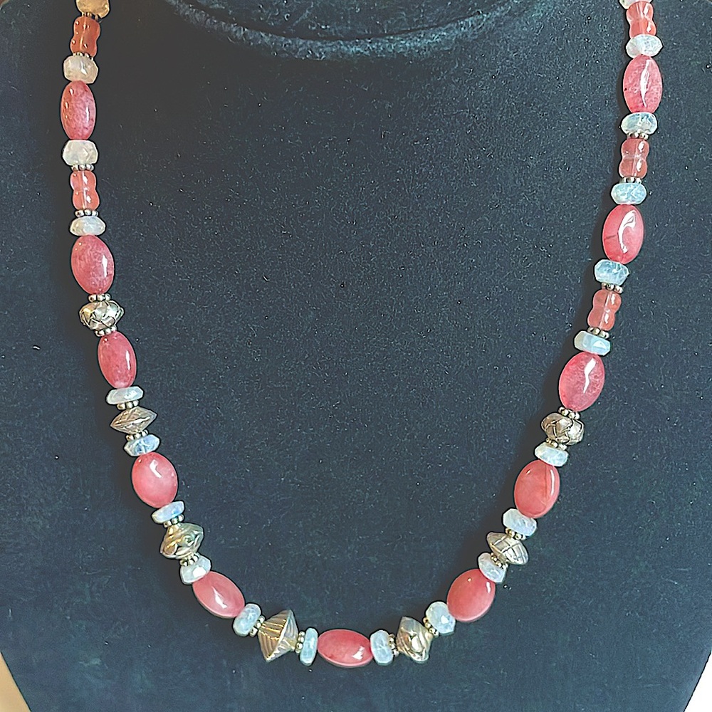Cherry quartz, moon stone and Thai Silver necklace